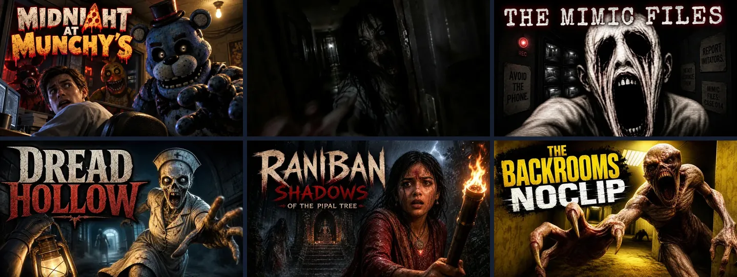 Cover art from horror games made with Chatforce, including The Ninth Door, Midnight at Munchy's and The Mimic Files
