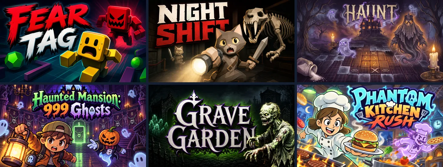 Cover art of six Halloween games made on Chatforce: Fear Tag, Night Shift, Haunt, Haunted Mansion: 999 Ghosts, Grave Garden and Phantom Kitchen Rush